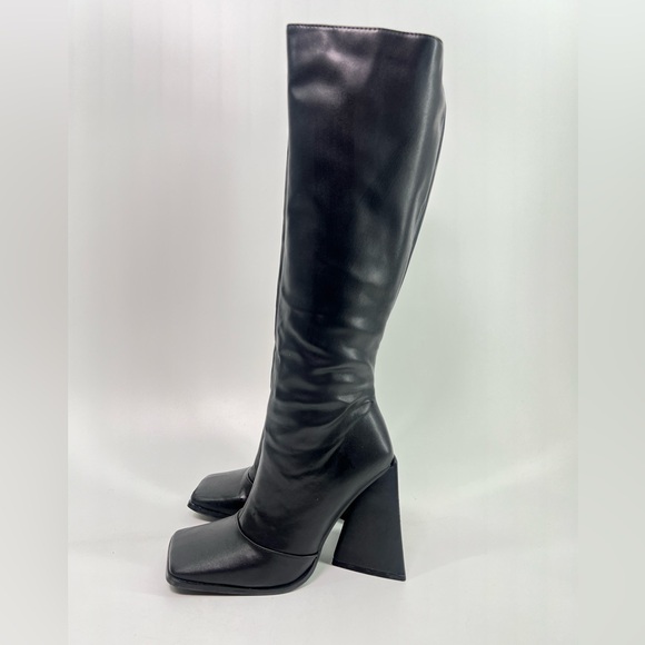 Black Knee High Faux Leather Boots Square Toe Chunky Triangular Heel 7.5 - Picture 3 of 13